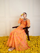 Women's Mustard Tropical Printed Front Dori Long Anarkali