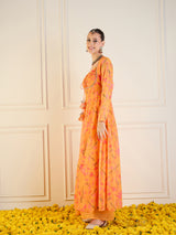 Women's Mustard Tropical Printed Front Dori Long Anarkali