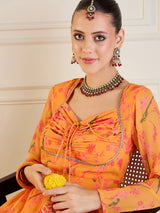 Women's Mustard Tropical Printed Front Dori Long Anarkali