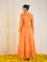 Women's Mustard Tropical Printed Front Dori Long Anarkali