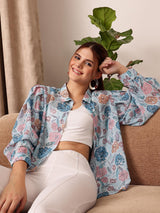 Women's Blue Floral Printed Puff Sleeves Shirt Style Top