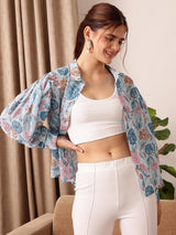 Women's Blue Floral Printed Puff Sleeves Shirt Style Top