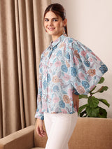 Women's Blue Floral Printed Puff Sleeves Shirt Style Top