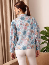 Women's Blue Floral Printed Puff Sleeves Shirt Style Top