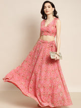 Women's Peach Mughal Floral Crop Top With Anarkali Skirt