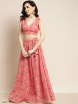 Women's Peach Mughal Floral Crop Top With Anarkali Skirt