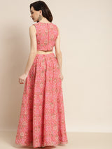 Women's Peach Mughal Floral Crop Top With Anarkali Skirt