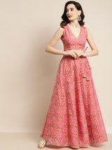 Women's Peach Mughal Floral Crop Top With Anarkali Skirt