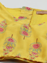 Women's Yellow Chanderi Floral Crop Top With Aanrkali Skirt