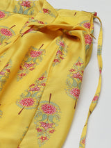 Women's Yellow Chanderi Floral Crop Top With Aanrkali Skirt