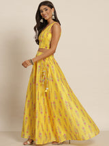 Women's Yellow Chanderi Floral Crop Top With Aanrkali Skirt