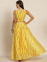 Women's Yellow Chanderi Floral Crop Top With Aanrkali Skirt
