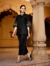 Women's Black Casual Regular Fit Three Quarter Sleeves Kurta Sets