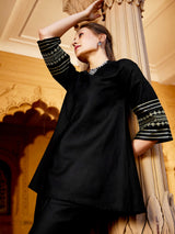Women's Black Casual Regular Fit Three Quarter Sleeves Kurta Sets