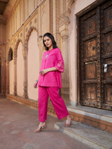 Women's Fuchsia Embroidered Sleeve Shirt Kurti With Palazzos
