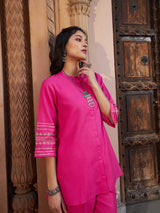 Women's Fuchsia Embroidered Sleeve Shirt Kurti With Palazzos