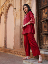 Women's Maroon Zari Embroidered Sleeve Top With Palazzos