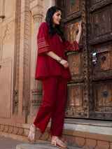 Women's Maroon Zari Embroidered Sleeve Top With Palazzos