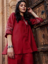 Women's Maroon Zari Embroidered Sleeve Top With Palazzos