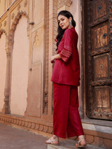 Women's Maroon Zari Embroidered Sleeve Top With Palazzos
