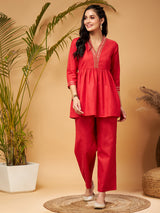 Women's Red Embroidered Gathered Top With Palazzos