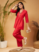 Women's Red Embroidered Gathered Top With Palazzos