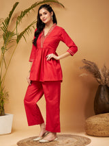 Women's Red Embroidered Gathered Top With Palazzos