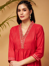 Women's Red Embroidered Gathered Top With Palazzos