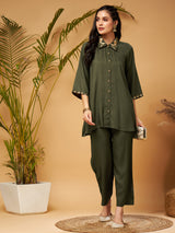 Women's Olive Zari Embroidered Shirt Collar Top With Palazzos