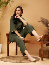 Women's Olive Zari Embroidered Shirt Collar Top With Palazzos