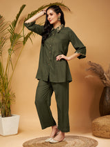 Women's Olive Zari Embroidered Shirt Collar Top With Palazzos