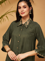 Women's Olive Zari Embroidered Shirt Collar Top With Palazzos