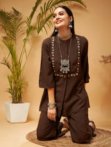 Women's Brown Zari Embroidered Top With Palazzos