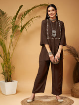 Women's Brown Zari Embroidered Top With Palazzos