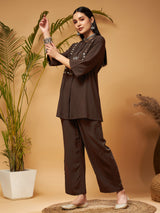 Women's Brown Zari Embroidered Top With Palazzos