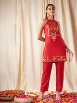 Women's Red Festive Straight Fit Sleeveless Kurta Sets