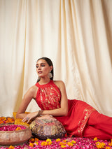 Women's Red Festive Straight Fit Sleeveless Kurta Sets