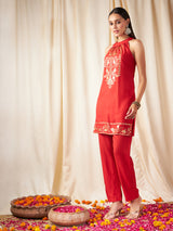 Women's Red Festive Straight Fit Sleeveless Kurta Sets