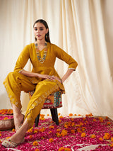 Women's Mustard Zari Embroidered Peplum Top With Dhoti Pant