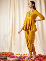 Women's Mustard Zari Embroidered Peplum Top With Dhoti Pant