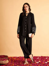 Women's Black Sleeves Embroidered Shirt With Pant