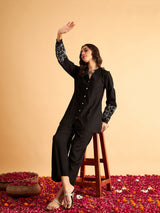 Women's Black Sleeves Embroidered Shirt With Pant