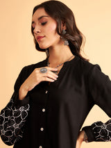 Women's Black Sleeves Embroidered Shirt With Pant