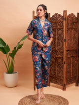 Women's Blue Floral Blazer With Straight Pant