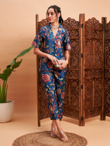 Women's Blue Floral Blazer With Straight Pant