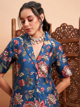 Women's Blue Floral Blazer With Straight Pant