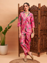 Women's Pink Floral Blazer With Straight Pant