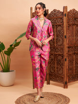 Women's Pink Floral Blazer With Straight Pant