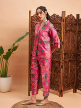 Women's Pink Floral Blazer With Straight Pant