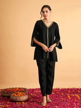Women's Black Embroidered A Line Top With Straight Pant